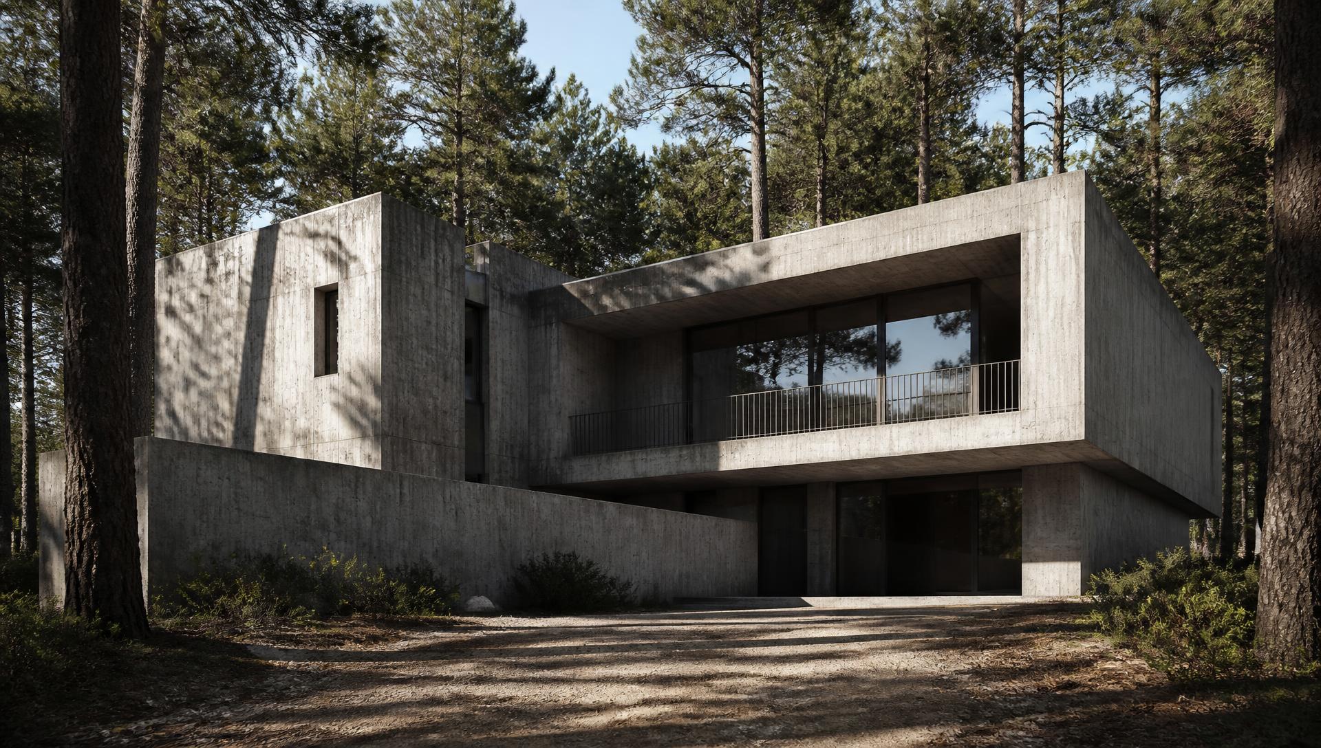 A minimalist brutalist villa set among pine trees